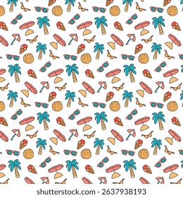 A vibrant repeating summer pattern featuring palm trees, sunglasses, ice cream cones, and beach umbrellas on a white background.