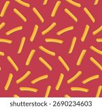 Vibrant, repeating wallpaper featuring scattered, golden-yellow potato fries on a bold red backdrop