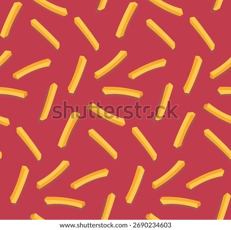 Vibrant, repeating wallpaper featuring scattered, golden-yellow potato fries on a bold red backdrop