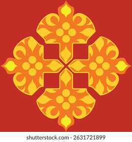 Vibrant Repeating Yellow Floral Cross Pattern with Dotted Grid on Bold Red Background