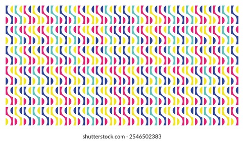 A vibrant repetitive graphic pattern with red, yellow, blue, and green curves and semicircles, arranged geometrically for a lively and symmetrical effect.