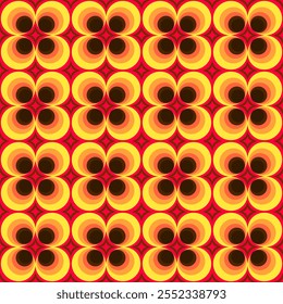 Um padrão vibrante e repetitivo com círculos concêntricos em tons de amarelo, laranja e preto sobre um fundo vermelho.