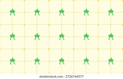 Un patrón vibrante y repetitivo que muestra ketupat verde, lunas de media luna doradas y puntos Pequeños dispuestos en una cuadrícula sutil, perfecto para celebraciones de fiestas islámicas.