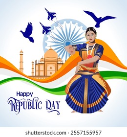 A vibrant Republic Day illustration featuring a woman dancing in traditional attire the Ashoka Chakra Indian Tricolor Taj Mahal fighter jets and pigeons symbolizing peace and unity