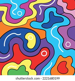 Vibrant retro 1970s background with different abstract shapes. Square interior abstract colorful vector poster 