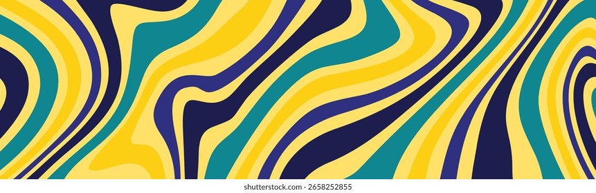 A vibrant, retro abstract background with flowing, psychedelic waves in a yellow, blue, and teal palette.