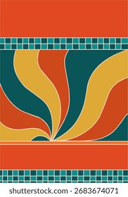 Fondo abstracto retro vibrante con Formas fluidas de color naranja, amarillo y verde azulado que irradian desde el centro, enmarcadas por bloques rojos y patrones de azulejos cuadrados de color verde azulado