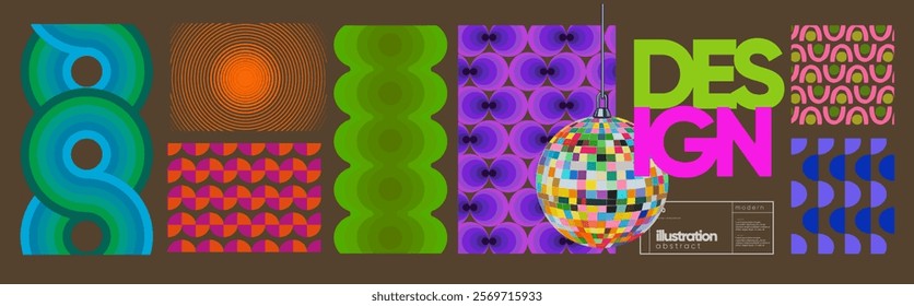 Vibrant retro abstract vector design with bold geometric patterns, colorful disco ball, and creative typography. Perfect for modern art, pop culture, and graphic projects