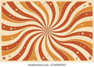 Obra de arte retro vibrante con un patrón de remolino radial central en tonos cálidos naranja y crema, con estrellas dispersas y remolinos decorativos. Ideal para carteles de temática vintage, fiestas y marca creativa.

