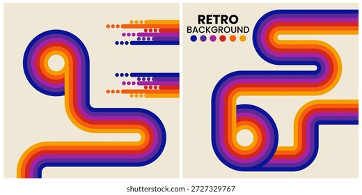 Vibrante fondo retro con rayas multicolores entrelazadas formando curvas en bucle. Los tonos naranja, púrpura y azul brillantes crean una composición dinámica y energética ideal para carteles, Anuncios, arte digital y marca.

