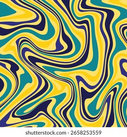 Um fundo retro vibrante com psicodélico, líquido como redemoinhos de amarelo, azul e azul escuro.