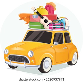 Vibrant Retro Car Packed with Travel Gear for Beach Vacation Adventure. 