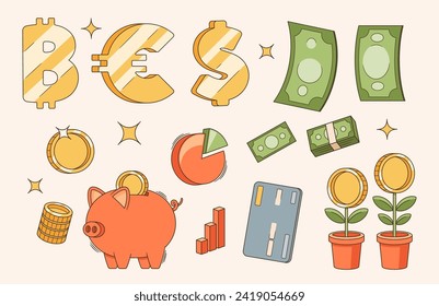 Vibrante Retro Cartoon Business Y Finance Vector Icons Set. Flor De Dinero, Banca Y Tarjeta De Crédito, Euro, Gráfico Piloto