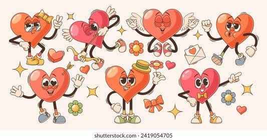 Vibrant, Retro Cartoon Groovy Hearts Valentine Day Characters Exude Love And Positivity With Its Whimsical Design