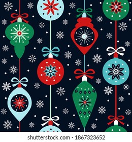 vibrant retro christmas pattern with baubles and ribbons 