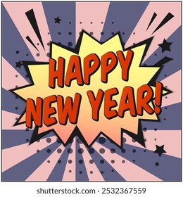 Vibrant retro colours blue, red and yellow striped comic speech bubble background with Happy New Year text. Cute pop art style balloon for winter holiday banner design, Christmas decoration