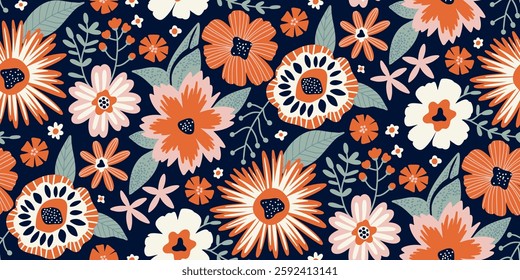 Vibrant retro floral half drop pattern featuring large and small flowers in orange, pink, white on a dark navy blue background. Ideal for textile design, wallpaper, wrappings, or packaging.