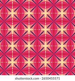 Vibrant retro floral starburst pattern in red, purple, and peach tones. Seamless geometric design perfect for fabric prints, wallpapers, wrapping paper, and bold vintage-inspired digital projects