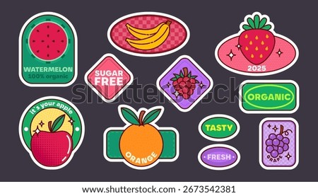 Vibrant retro fruit sticker set with watermelon and banana, strawberry and grape designs for product labels or packaging. Colorful badges with organic vintage patterns. Fresh food branding elements.