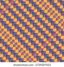 Vibrant retro geometric checkerboard pattern featuring gradient squares, diagonal accents and warm orange and purple tones. Modern abstract background suitable for design, wallpaper, textiles, branding and digital art projects.
