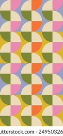 Vibrant retro geometric pattern with semi-circles in pink, orange, green, and beige on a yellow and blue background. Ideal for vintage-inspired design projects, textiles, and wallpapers.