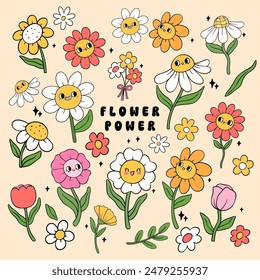 Vibrant Retro groovy Spring flower power vintage flower characters collection doodle line drawing