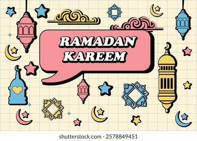 Vibrant Retro Memphis style Ramadan Kareem background. Geometric shapes, bold colors, and festive elements for modern designs.