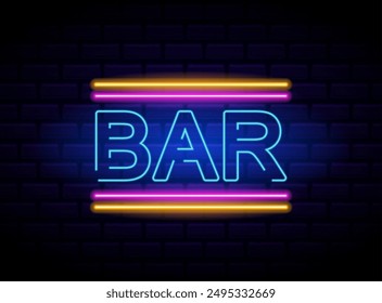 Lebhaftes retro-Neon-Bar-Schild mit leuchtend blauen, gelben und rosa Farben, montiert auf einer dunklen Ziegelwand. Glühende Neonlichter