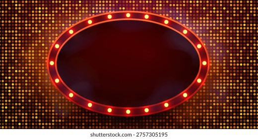 Vibrant retro oval frame with glowing bulbs on a sparkling gold background. Perfect for entertainment and event promotions. Vector illustration.