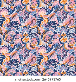 Vibrant retro paisley seamless pattern with intricate floral details. A 70s-inspired design in pink, orange, and blue on a navy background. Ideal for boho fashion, textiles, and bold stationery
