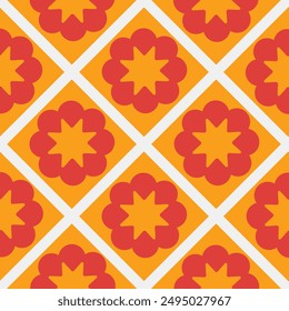 Vibrant Retro Pattern: A lively retro-inspired geometric design featuring red and orange floral shapes within diamonds. Perfect for textiles, wallpapers, graphic design, and creative projects.