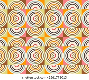 A vibrant retro pattern reminiscent of the 1970s, featuring circles, semicircles, and a warm color palette. Ideal for backgrounds, textiles, and vintage-inspired designs