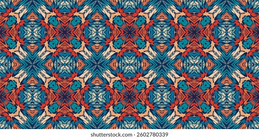 A vibrant retro pattern with symmetrical, brush-like strokes in bold hues of red, teal, and beige, forming a kaleidoscopic design.
