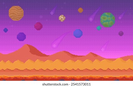 Una vibrante escena retro de pixel art presenta un paisaje cósmico con planetas coloridos, meteoros y montañas rojas. Video Ideal para temas de ciencia ficción, fondos de juegos, estética retro, exploración espacial