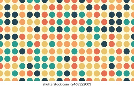 Vibrant retro polka dot pattern background with alternating circles in shades of teal, orange, yellow, and navy. Ideal for vintage-inspired designs, graphic projects, and cheerful web backgrounds.