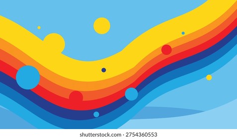 Vibrant Retro Pop Art Background Featuring Multi Colored Wavy Stripes and Playful Circular Shapes in a Bright Blue Dynamic Sky Composition