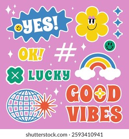 Vibrant retro pop art illustration in trendy 90s cartoon style with positive words Good vibes and lucky, a rainbow, clover, and smiley face. With wavy geometric elements and brutalism aesthetic