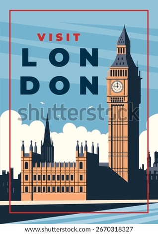 Vibrant retro pop art poster of London with Big Ben, bold colors and graphic design style. Perfect for travel themes, city posters, wall art and creative projects. Vector illustration