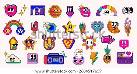 Vibrant retro pop emoticon set with groovy cartoon characters - cute faces, weather elements, food items and abstract shapes in bright colors for messaging, social media stickers and nostalgic design