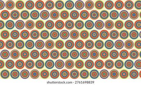 Vibrant retro psychedelic seamless pattern with concentric circles in a rainbow color palette on a light cream background, creating a groovy geometric design.