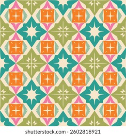 A vibrant retro seamless geometric pattern featuring colorful diamonds and stars. Perfect for textiles, wallpapers, and digital designs. Add a stylish and nostalgic touch to projects.