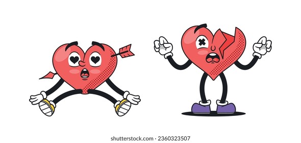 Vibrant, Retro Style Cartoon Heart Characters Brimming With Joy Turn Cracked As They Transition From Love Euphoria