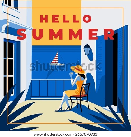Vibrant retro summer poster featuring a woman sitting in a lounge chair, watching the sunset over the sea. Pop art and minimalist vintage design with bold colors, perfect for travel, vacation, beach.