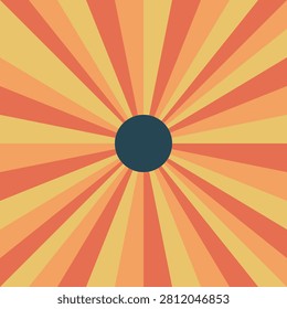 Vibrant retro sunburst background featuring radial beams in orange and yellow tones surrounding a dark centered circle illustration. illustration