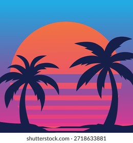 Vibrant Retro Sunset Palm Tree Background