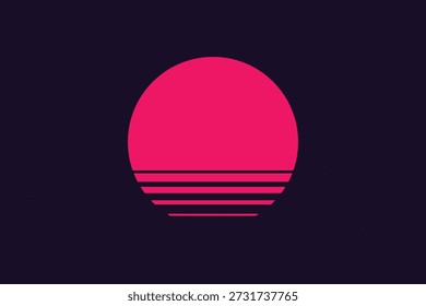 Uma vibrante cena de pôr do sol retrô com arrojadas listras rosa neon e laranja, incorporando a icônica estética synthwave dos anos 80.