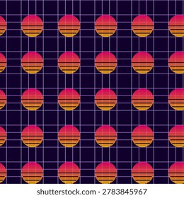 Vibrant retro synthwave pattern featuring a neon grid and gradient sun icons inspired by nineteen eighties digital illustration