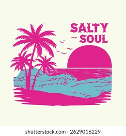 Vibrant Retro Tropical Beach Salty Soul T-Shirt