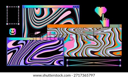 Vibrant retro UI tabs with swirling psychedelic patterns in neon pastels. Conceptual vector illustration for vaporwave aesthetics, retro computing nostalgia, digital surrealism, and glitch art.