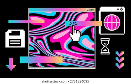 Vibrantes pestañas de ventana retro UI con patrones psicodélicos en pasteles de neón. Ilustración vectorial conceptual para la estética vaporwave, la nostalgia retro, el surrealismo digital y el arte glitch.